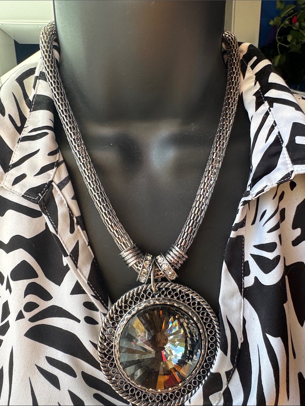 Statement Black and Silver Crystal Pendant Necklace